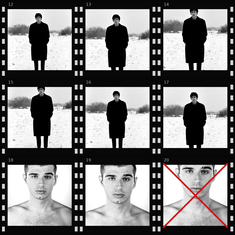 Contact sheet of standing figures with an editorial reject mark
