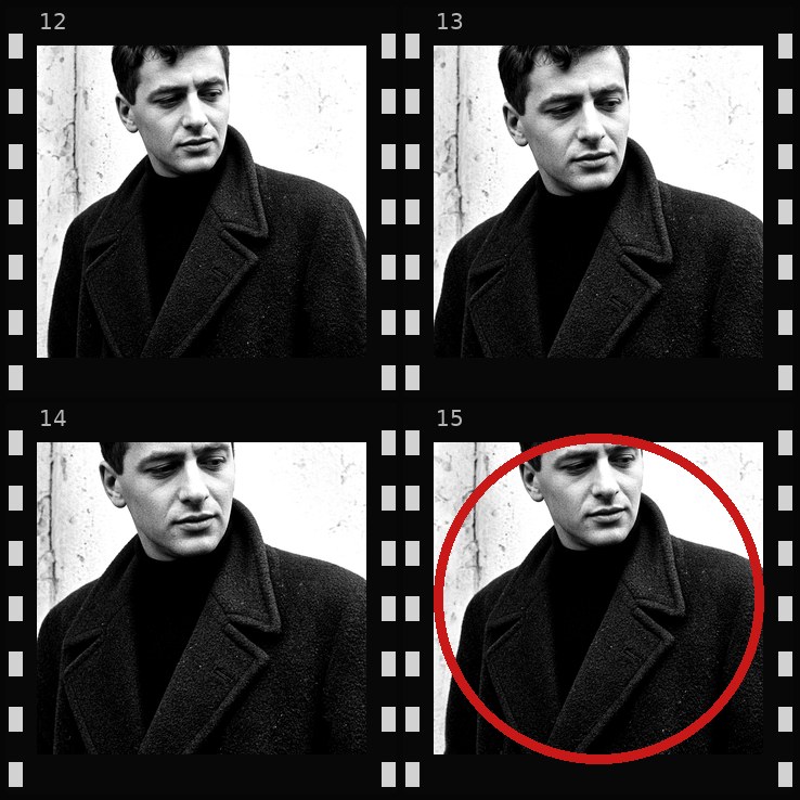 Photographic contact sheet with a circled select